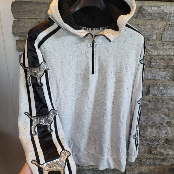 Victoria Secret Pink Bling Sequin Logo Dog Hooded Pullover 1/4 Zip Gray Black LG - Picture 2 of 12